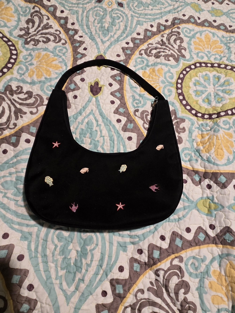 Crescent Shaped Black Embroidered Shells Shoulder Bag - Women Accessories